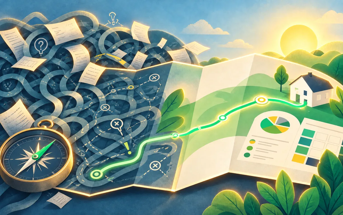 Ilustrace finanční mapy vedoucí ze zmatku k přehledné cestě