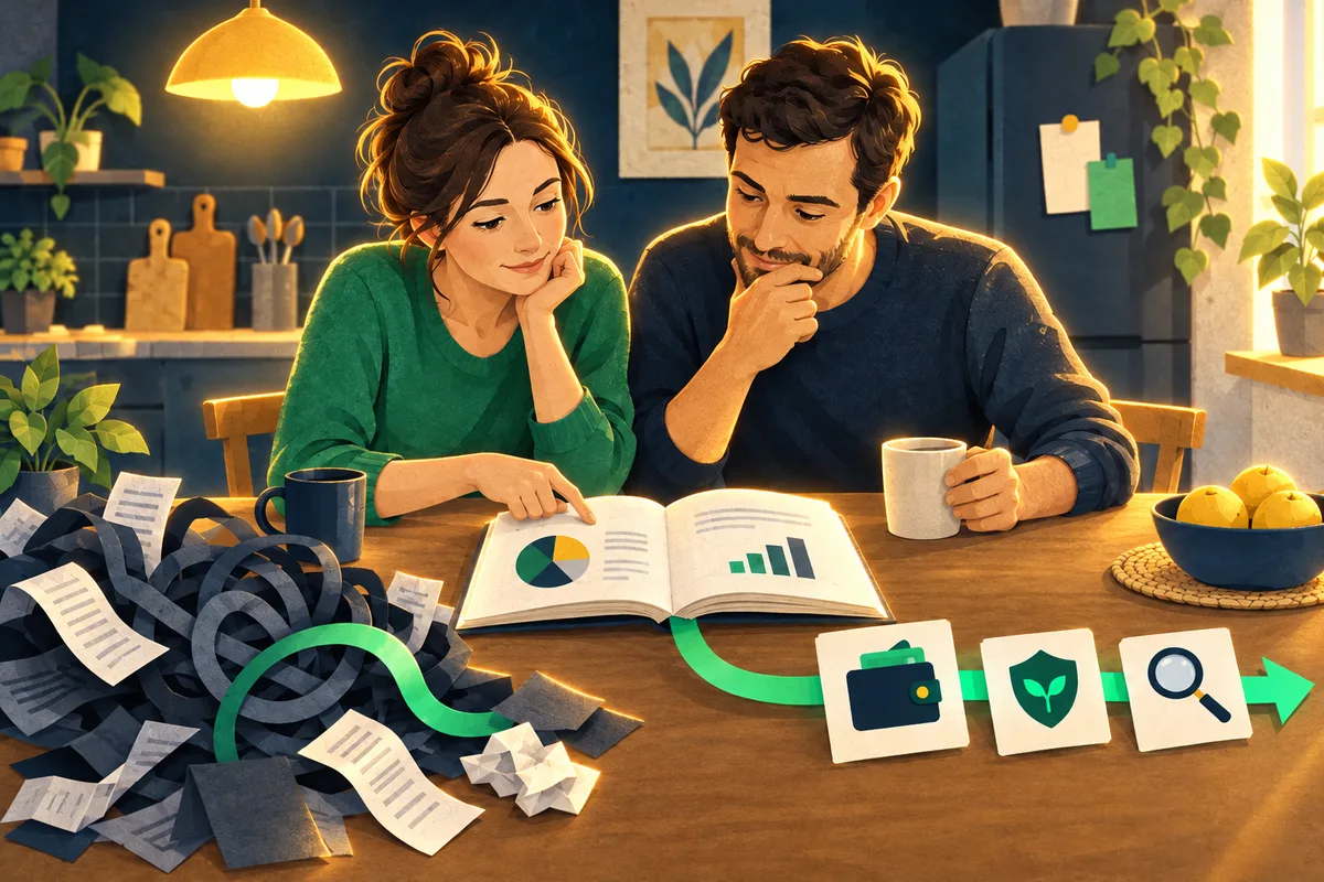 Dva běžní lidé u knihy postupně uspořádávají finanční otázky do srozumitelného pořadí